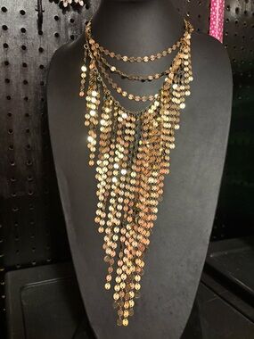 Gold Sequin Tiered Fringe Necklace - Women Jewelry